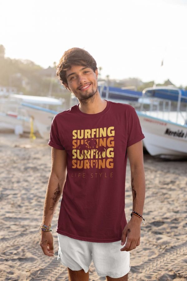 Surfing Maroon Mens Printed Tshirt